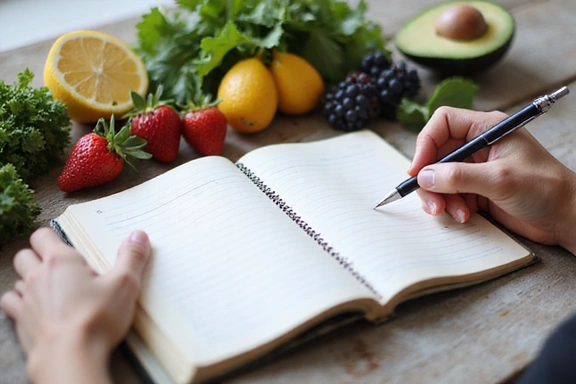 A person's hand holding a pen, writing notes in a health journal next to a bowl of fresh fruit and vegetables, symbolizing personalized health planning and natural foods.